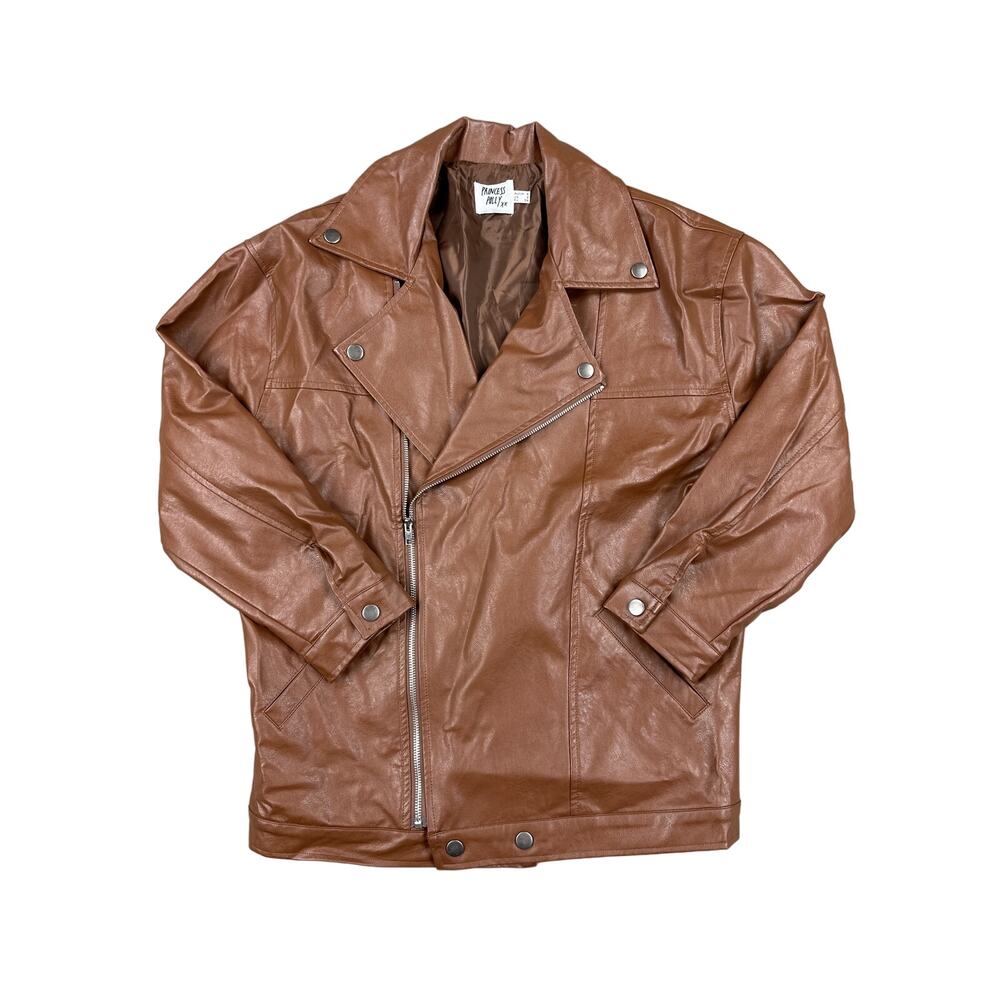 Princess Polly - Next In Line Faux Leather Oversized Biker Jacket in Brown - Picture 1 of 5
